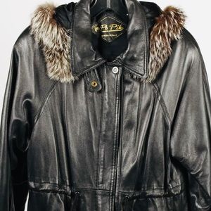 New Designer Italian PP.PO. PIK fox Fur Trim Leather hooded black coat Jacket 46